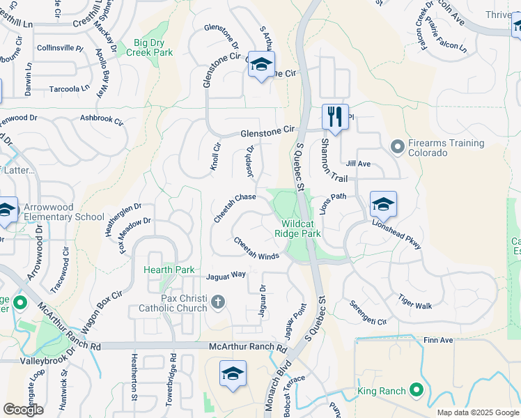 map of restaurants, bars, coffee shops, grocery stores, and more near 10401 Cheetah Winds in Lone Tree