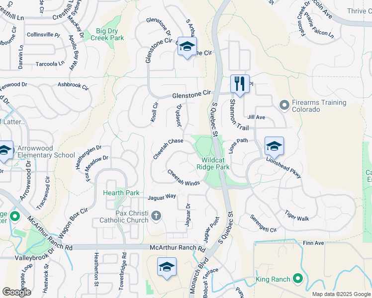 map of restaurants, bars, coffee shops, grocery stores, and more near 10401 Cheetah Winds in Lone Tree