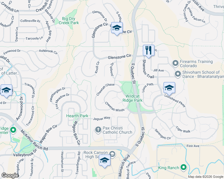 map of restaurants, bars, coffee shops, grocery stores, and more near 10428 Cheetah Winds in Lone Tree