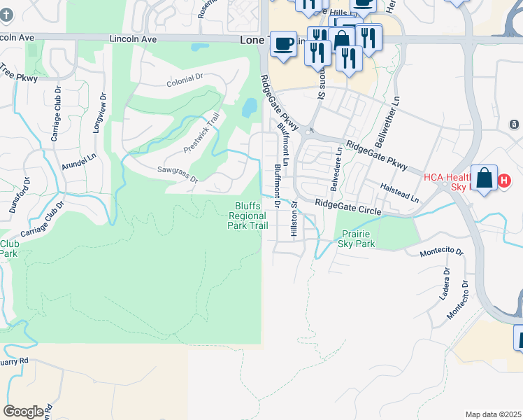 map of restaurants, bars, coffee shops, grocery stores, and more near Crooked Stick Trail in Lone Tree