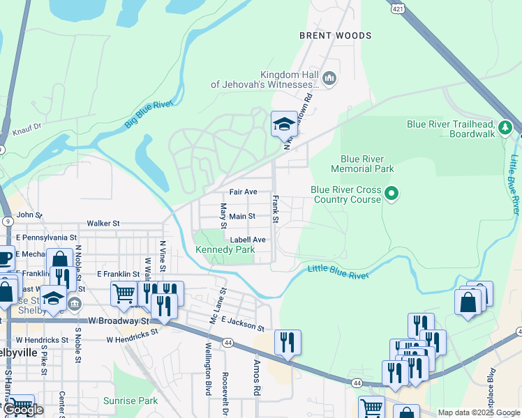 map of restaurants, bars, coffee shops, grocery stores, and more near 846 Main Street in Shelbyville