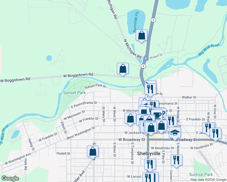 map of restaurants, bars, coffee shops, grocery stores, and more near 183 River Road in Shelbyville