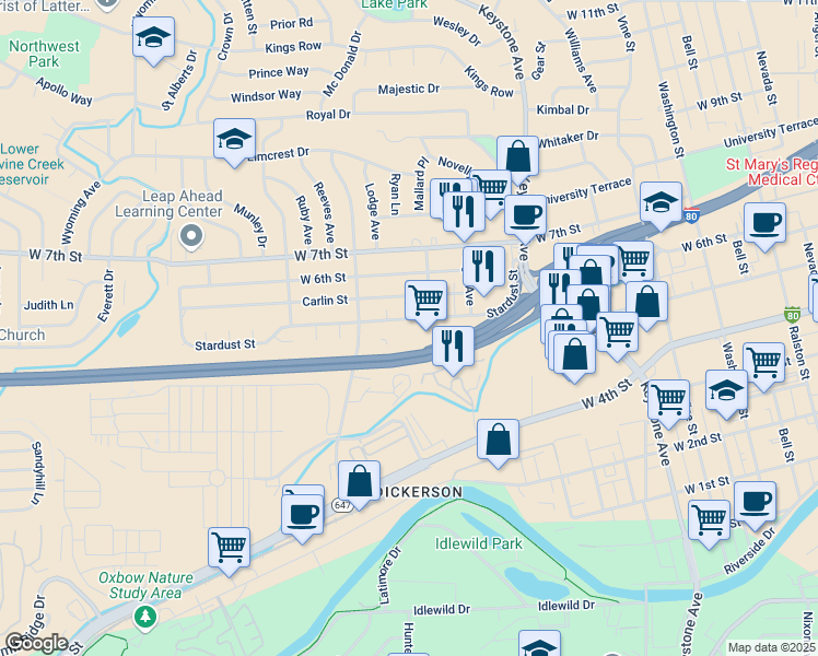 map of restaurants, bars, coffee shops, grocery stores, and more near 1350 Stardust Street in Reno