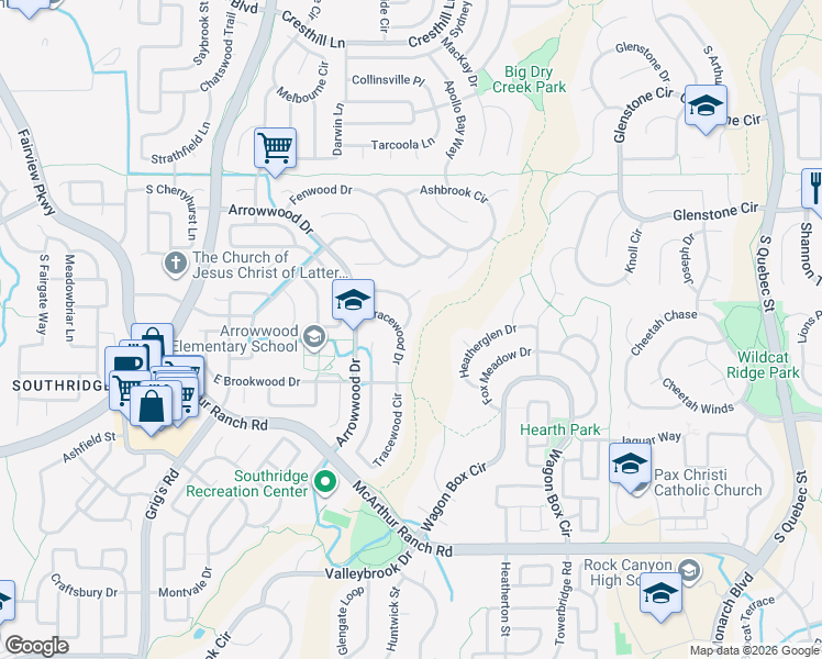 map of restaurants, bars, coffee shops, grocery stores, and more near 10382 Tracewood Drive in Littleton