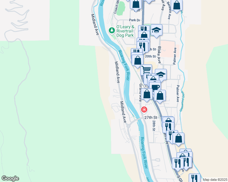 map of restaurants, bars, coffee shops, grocery stores, and more near 2387 Midland Avenue in Glenwood Springs