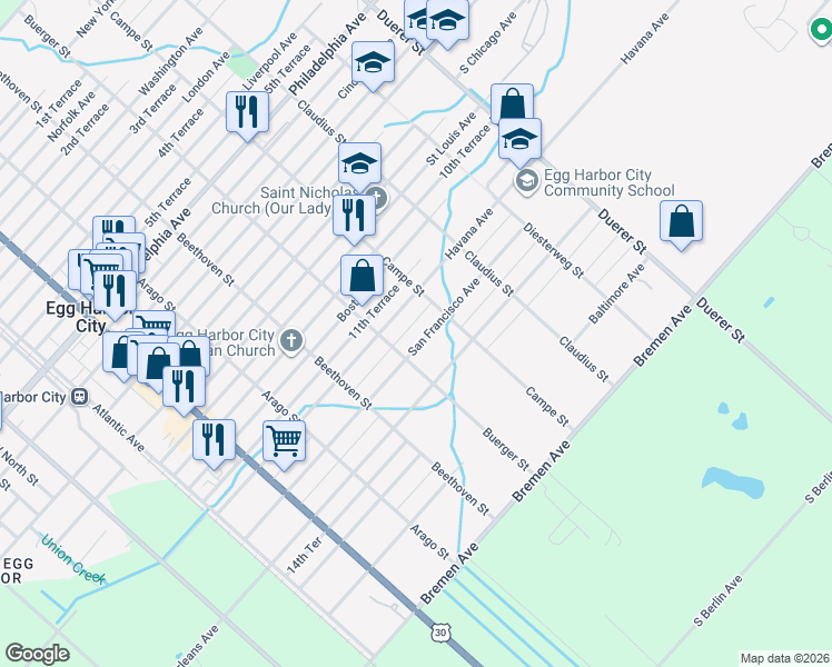 map of restaurants, bars, coffee shops, grocery stores, and more near 415 San Francisco Avenue in Egg Harbor City