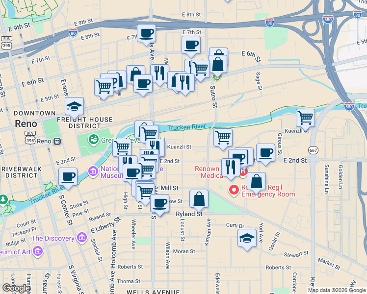 map of restaurants, bars, coffee shops, grocery stores, and more near 800 Kuenzli Street in Reno