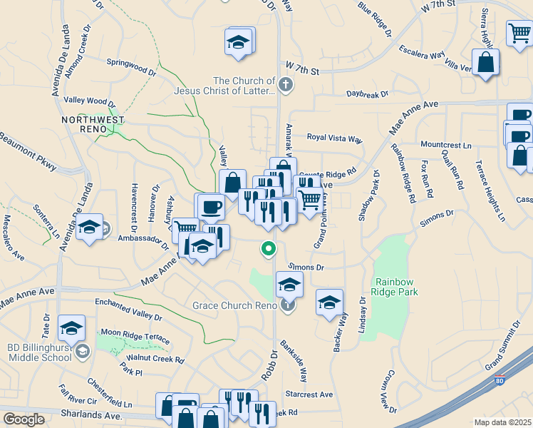 map of restaurants, bars, coffee shops, grocery stores, and more near 6148 Mae Anne Avenue in Reno