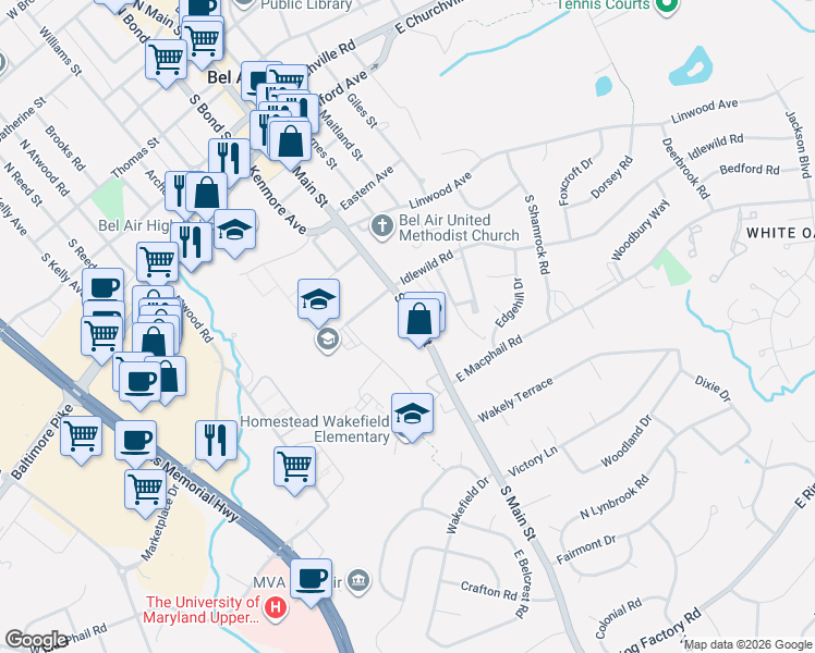 map of restaurants, bars, coffee shops, grocery stores, and more near 22 Tolchester Lane in Bel Air