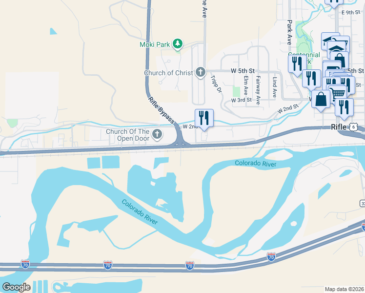 map of restaurants, bars, coffee shops, grocery stores, and more near Centennial Parkway in Rifle
