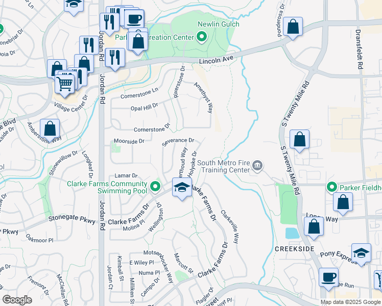 map of restaurants, bars, coffee shops, grocery stores, and more near 10528 Holyoke Drive in Parker