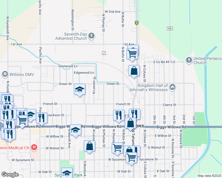 map of restaurants, bars, coffee shops, grocery stores, and more near 685 North Shasta Street in Willows