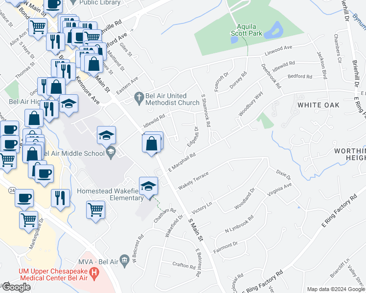 map of restaurants, bars, coffee shops, grocery stores, and more near 722 Edgehill Drive in Bel Air