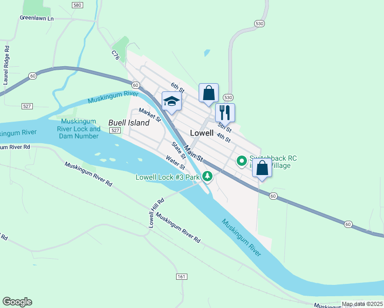 map of restaurants, bars, coffee shops, grocery stores, and more near Ohio 60 in Lowell