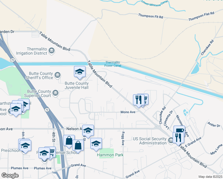 map of restaurants, bars, coffee shops, grocery stores, and more near 341 Table Mountain Boulevard in Oroville