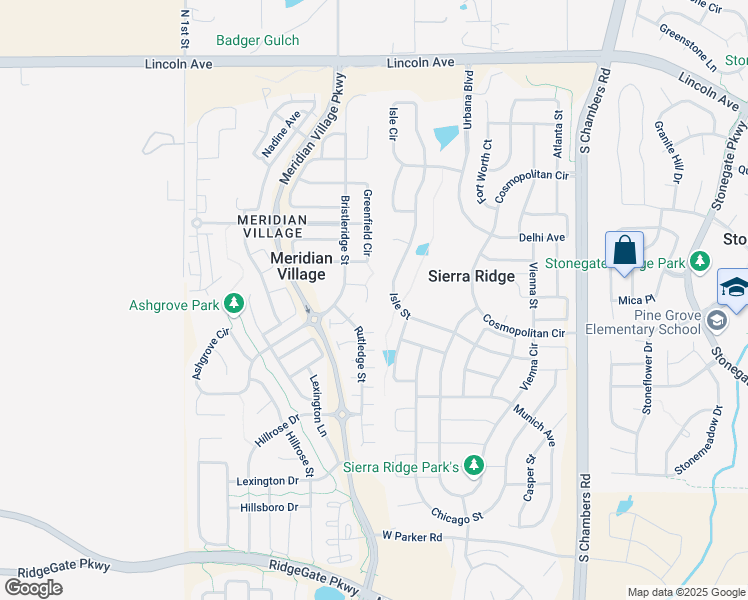 map of restaurants, bars, coffee shops, grocery stores, and more near 10261 Isle Street in Parker