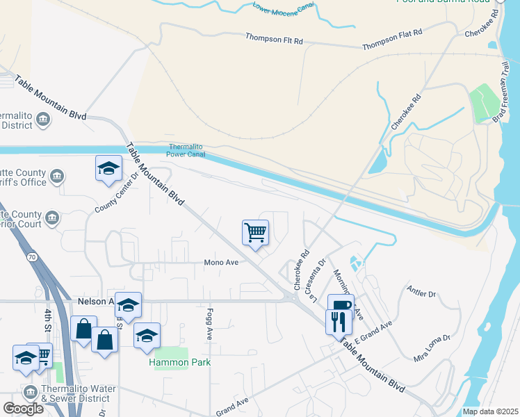 map of restaurants, bars, coffee shops, grocery stores, and more near 115 Flying Cloud Drive in Oroville