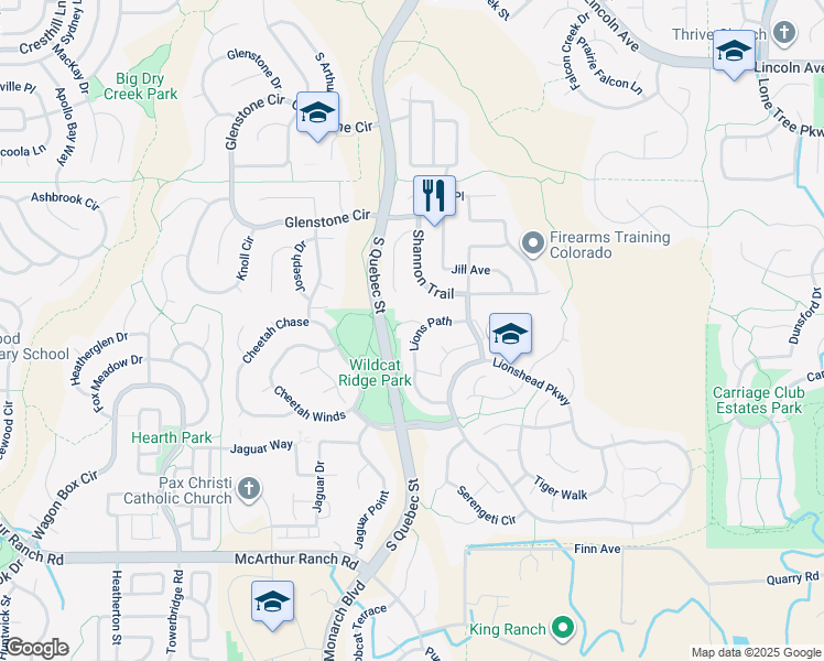 map of restaurants, bars, coffee shops, grocery stores, and more near 10369 Lions Path in Lone Tree