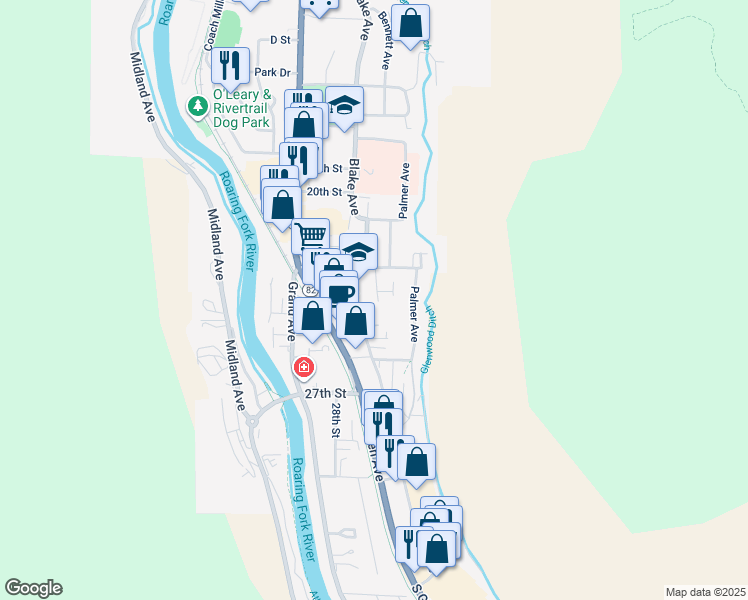 map of restaurants, bars, coffee shops, grocery stores, and more near 2418 Blake Ave in Glenwood Springs