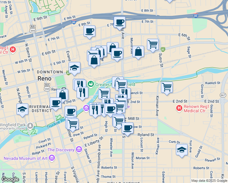map of restaurants, bars, coffee shops, grocery stores, and more near 544 Kuenzli Street in Reno