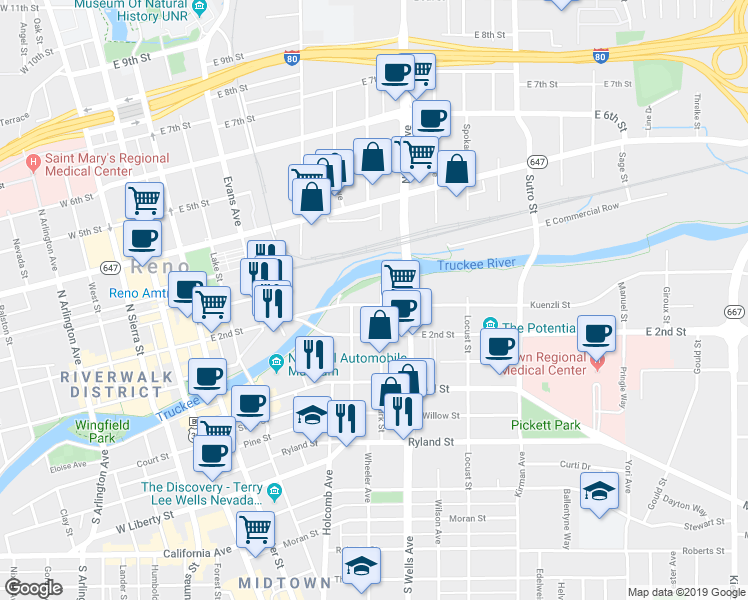 map of restaurants, bars, coffee shops, grocery stores, and more near 544 Kuenzli Street in Reno