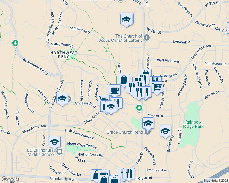 map of restaurants, bars, coffee shops, grocery stores, and more near 6200 Fieldstone Place in Reno