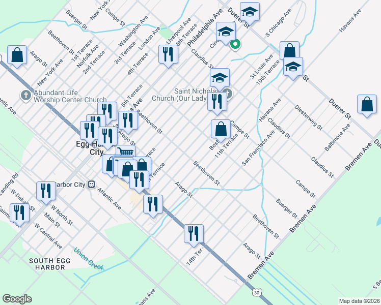 map of restaurants, bars, coffee shops, grocery stores, and more near in Egg Harbor City