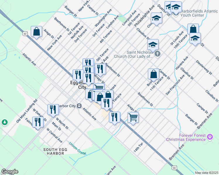 map of restaurants, bars, coffee shops, grocery stores, and more near 823 Arago Street in Egg Harbor City