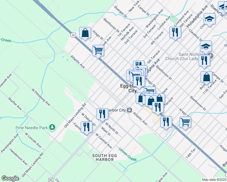 map of restaurants, bars, coffee shops, grocery stores, and more near 450 Liverpool Avenue in Egg Harbor City