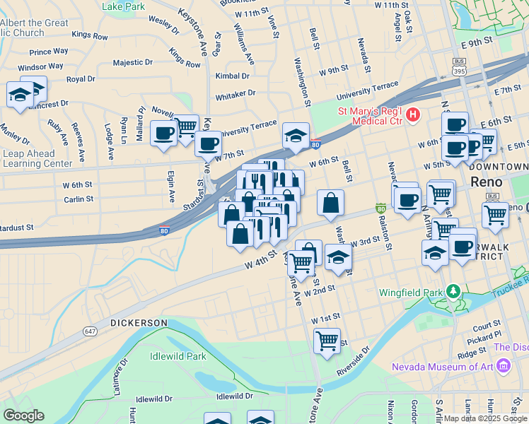 map of restaurants, bars, coffee shops, grocery stores, and more near 448 Keystone Avenue in Reno
