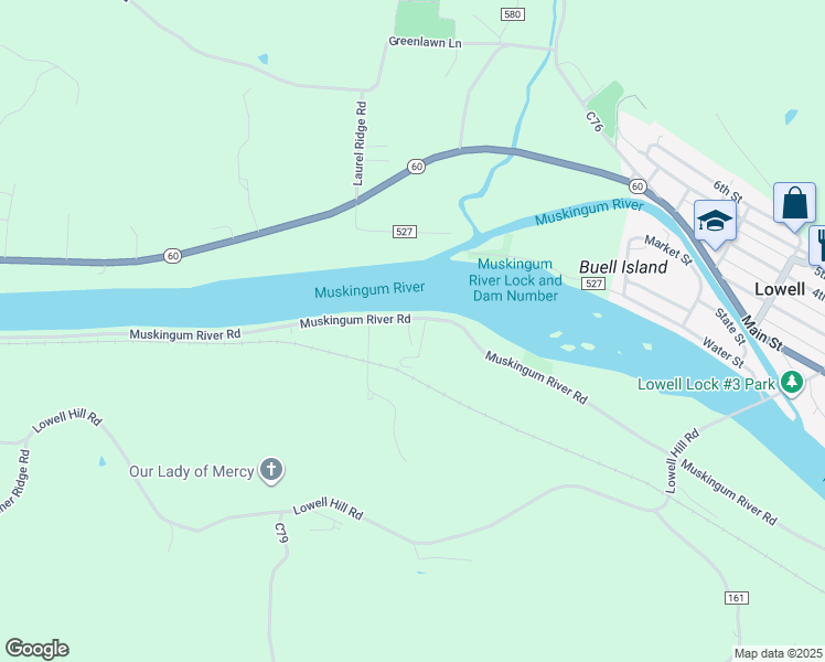 map of restaurants, bars, coffee shops, grocery stores, and more near 8255 Muskingum River Road in Lowell