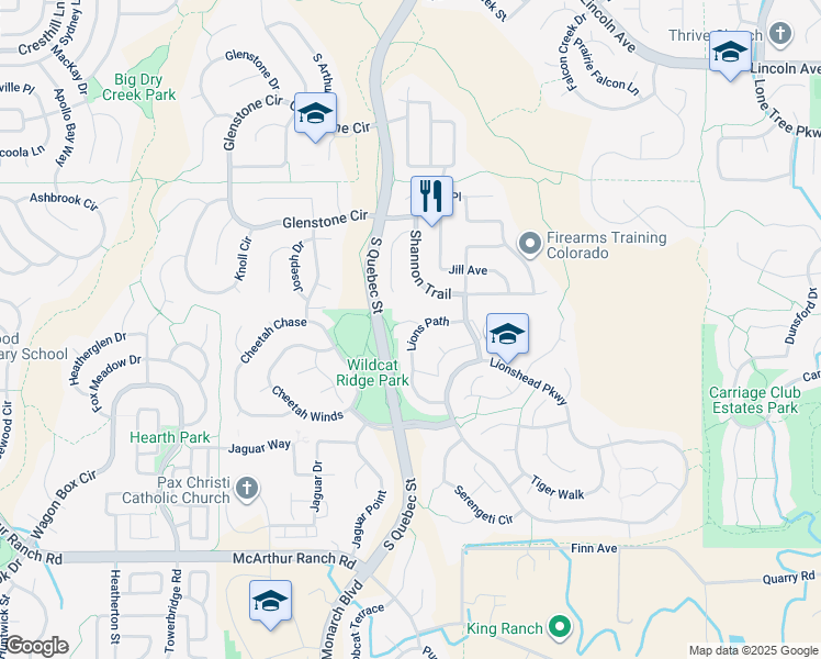 map of restaurants, bars, coffee shops, grocery stores, and more near 10369 Lions Path in Lone Tree