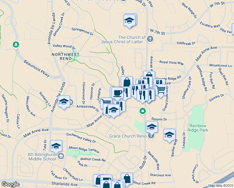 map of restaurants, bars, coffee shops, grocery stores, and more near 6200 Fieldstone Place in Reno