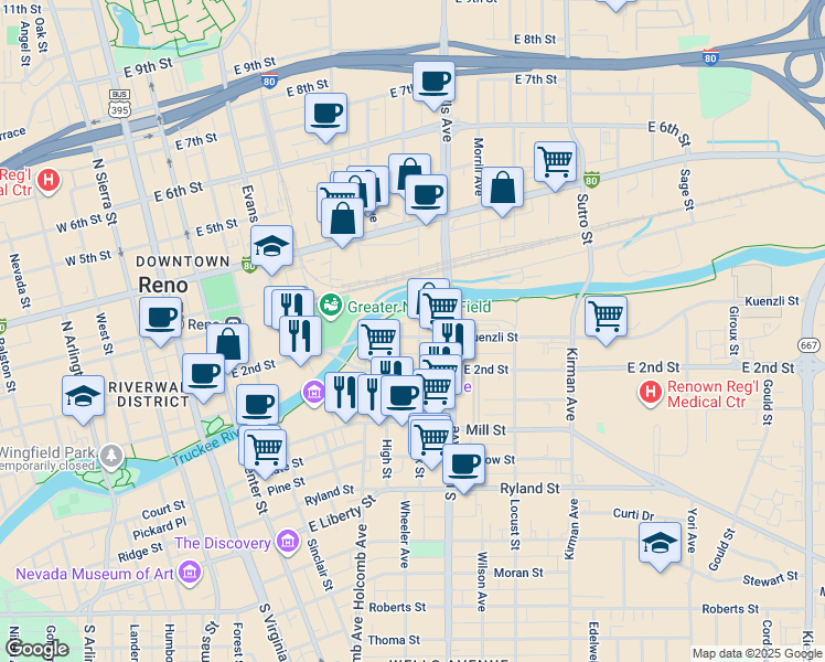 map of restaurants, bars, coffee shops, grocery stores, and more near 544 Kuenzli Street in Reno