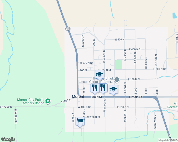 map of restaurants, bars, coffee shops, grocery stores, and more near 215 West 200 North in Moroni