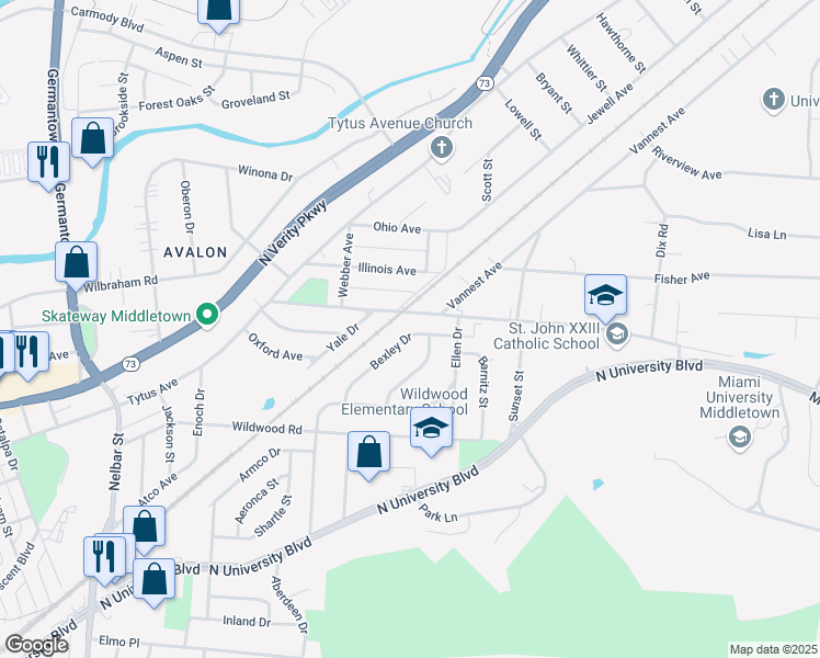 map of restaurants, bars, coffee shops, grocery stores, and more near 3212 Bexley Drive in Middletown