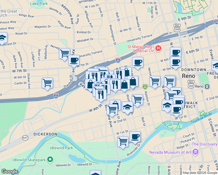 map of restaurants, bars, coffee shops, grocery stores, and more near 401 Vine Street in Reno
