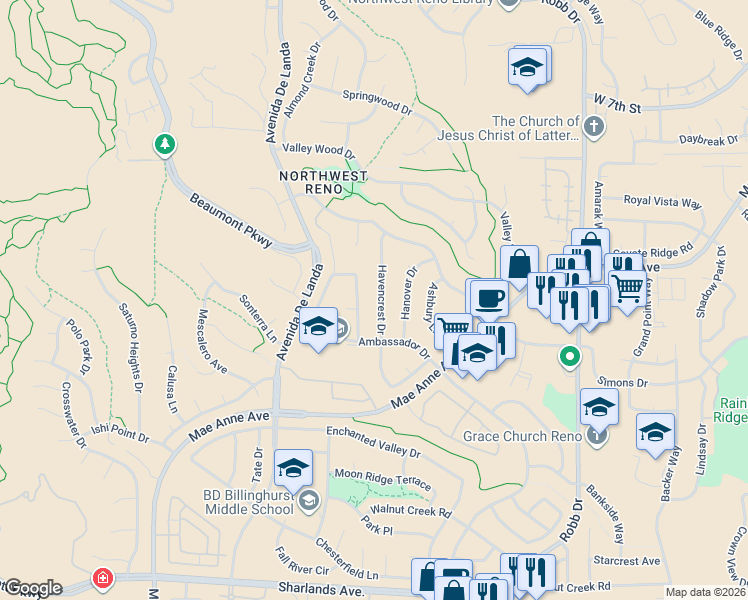 map of restaurants, bars, coffee shops, grocery stores, and more near 1632 Havencrest Drive in Reno