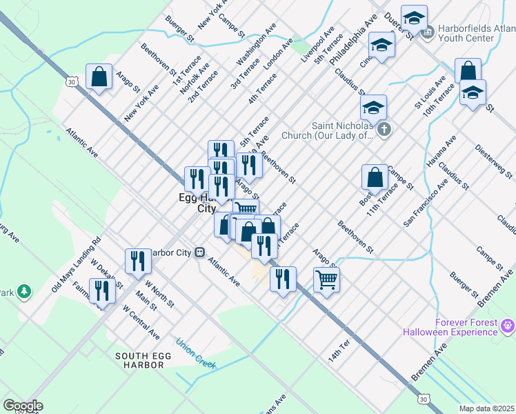 map of restaurants, bars, coffee shops, grocery stores, and more near 140 Buffalo Avenue in Egg Harbor City