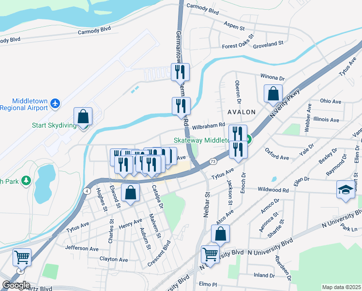 map of restaurants, bars, coffee shops, grocery stores, and more near 2319 Erie Avenue in Middletown