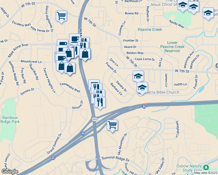 map of restaurants, bars, coffee shops, grocery stores, and more near 3310 Heights Drive in Reno