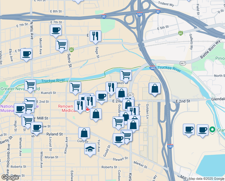 map of restaurants, bars, coffee shops, grocery stores, and more near 80 Ormand Court in Reno