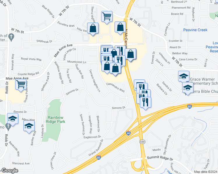 map of restaurants, bars, coffee shops, grocery stores, and more near 1712 Sierra Highlands Drive in Reno
