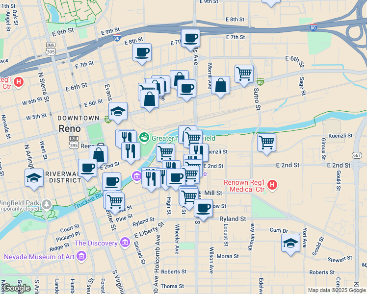 map of restaurants, bars, coffee shops, grocery stores, and more near 544 Kuenzli Street in Reno