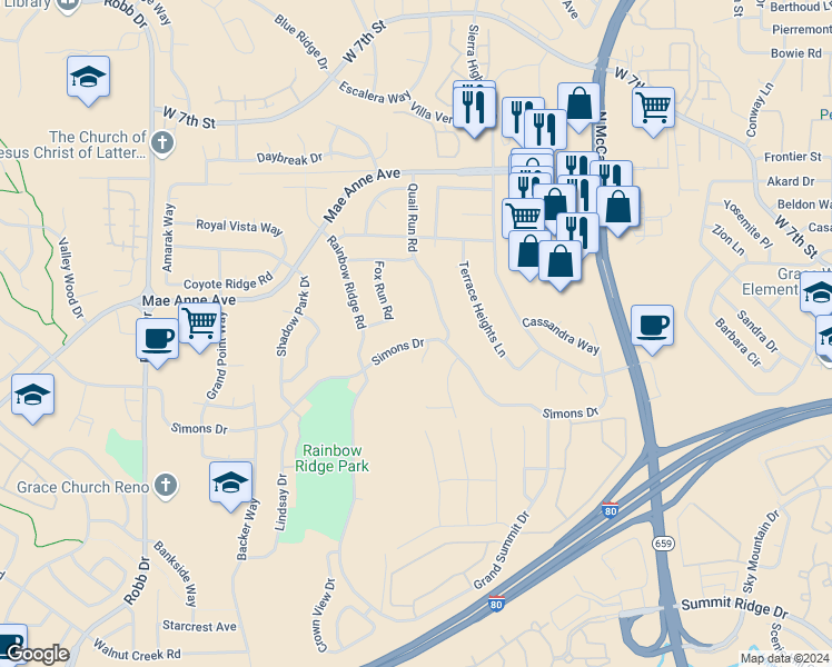 map of restaurants, bars, coffee shops, grocery stores, and more near 5321 Simons Drive in Reno