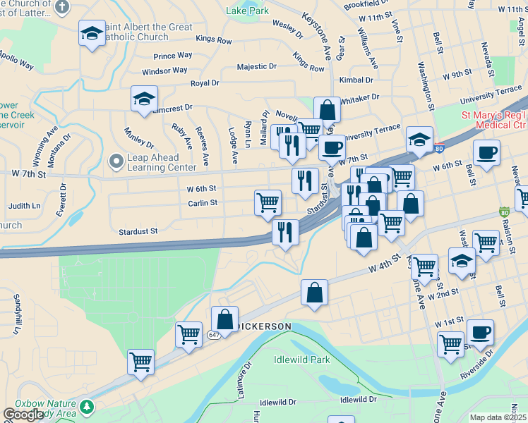 map of restaurants, bars, coffee shops, grocery stores, and more near 1350 Stardust Street in Reno