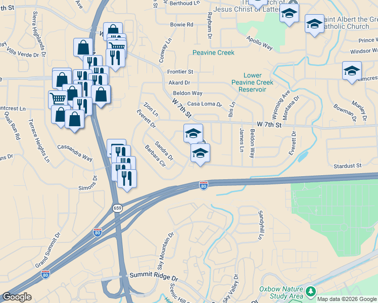 map of restaurants, bars, coffee shops, grocery stores, and more near 3195 Everett Drive in Reno