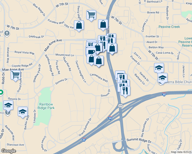 map of restaurants, bars, coffee shops, grocery stores, and more near 5088 Cassandra Way in Reno
