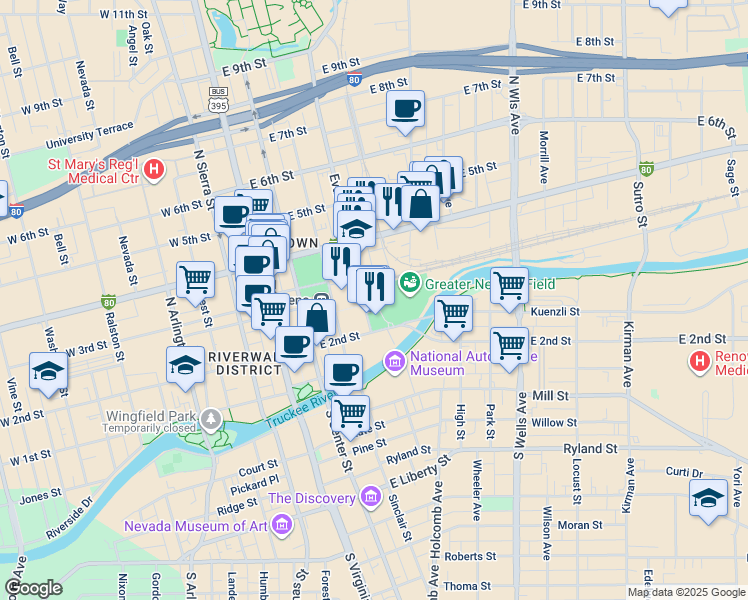 map of restaurants, bars, coffee shops, grocery stores, and more near 309 Evans Avenue in Reno