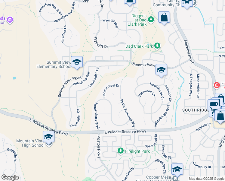 map of restaurants, bars, coffee shops, grocery stores, and more near 2847 Canyon Crest Drive in Littleton